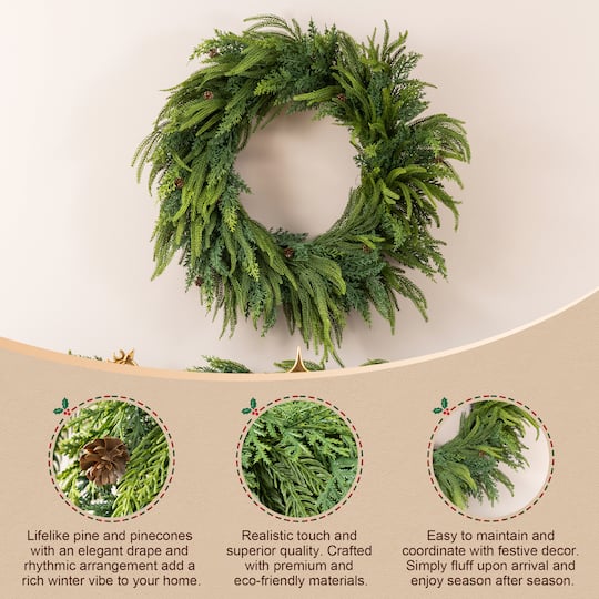 Glitzhome® 25.75" Christmas Greenery Mixed PE Wreath with Pinecones